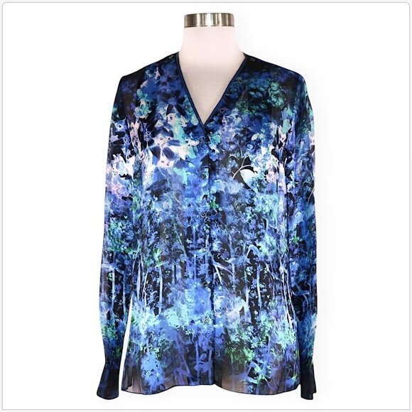 Elie Tahari Lydia Leather Trimmed Floral Snap Front Silk Blue Top Blouse XS - Picture 4 of 7